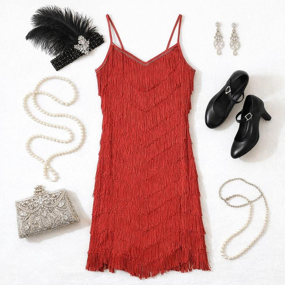 Vintage 90s does 20s red flapper dance dress chevron fringe rhinestone trim